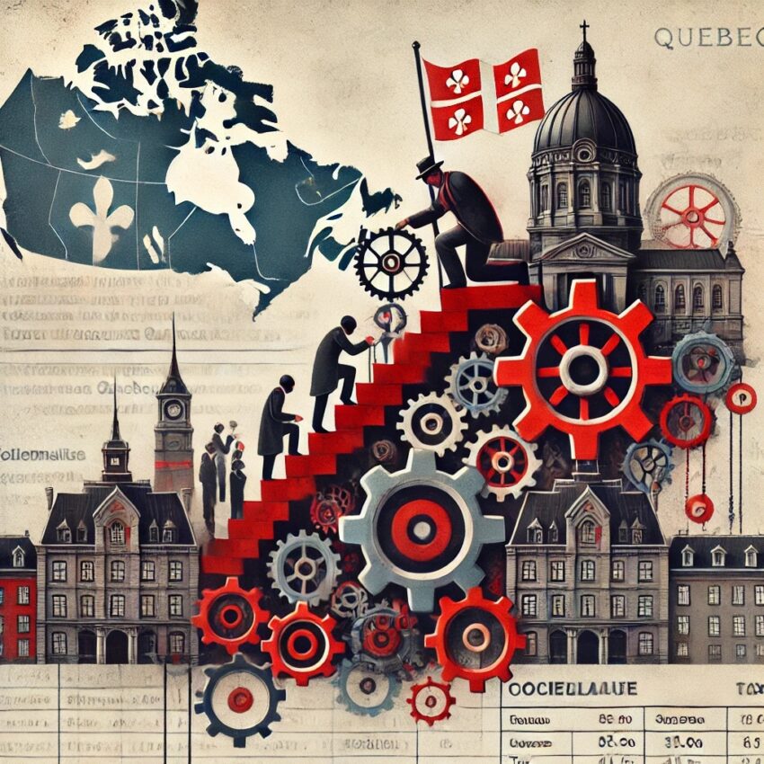 Illustration symbolique du collectivisme et de l’intervention de l’État au Québec. Un homme en complet tente de monter un escalier composé de formulaires de taxes et de documents bureaucratiques, tandis qu’un autre, tenant un drapeau rouge, représente l’idéologie socialiste. En arrière-plan, des engrenages symbolisent le contrôle gouvernemental, avec des bâtiments historiques et une église catholique évoquant l’héritage colonial et religieux du Québec.