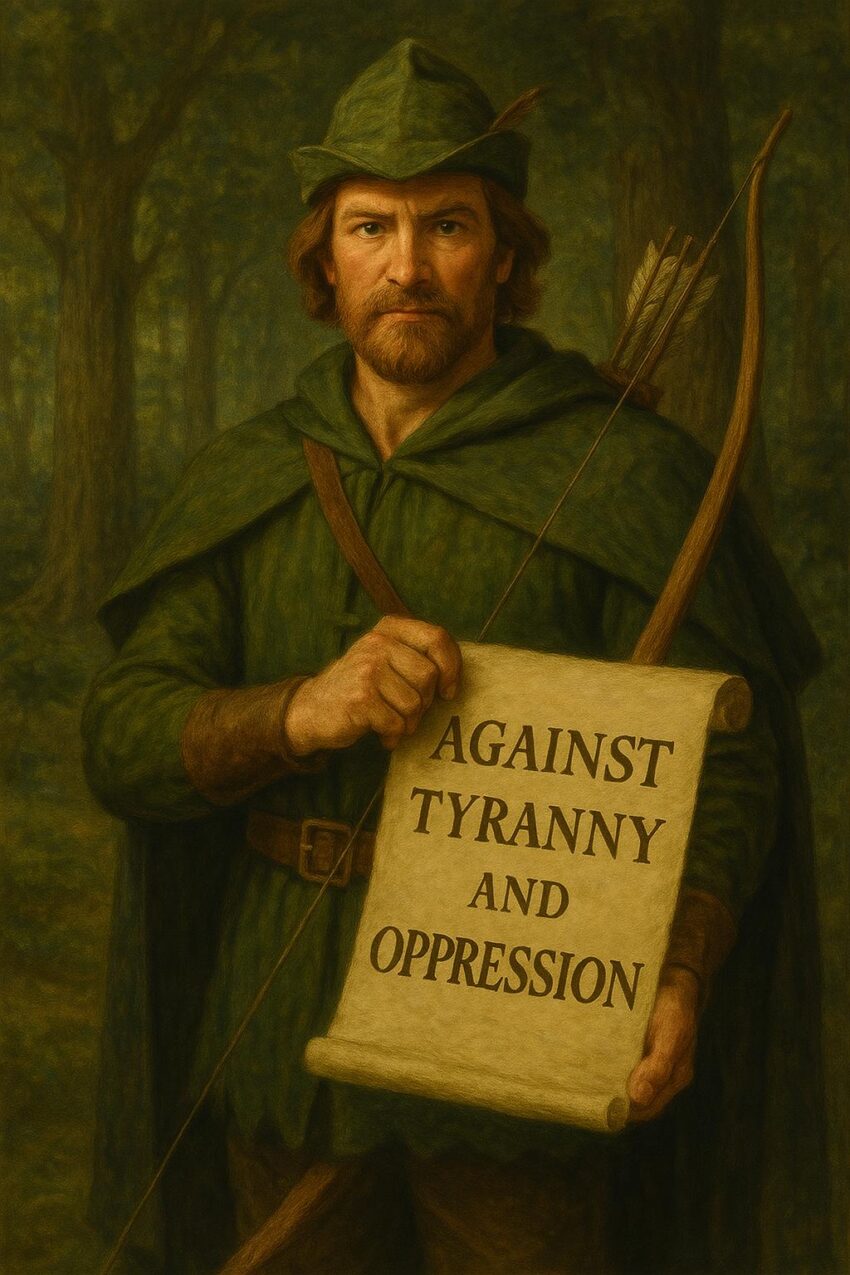 Portrait de Robin des Bois tenant un parchemin sur lequel est écrit « Against tyranny and oppression », debout dans une forêt.