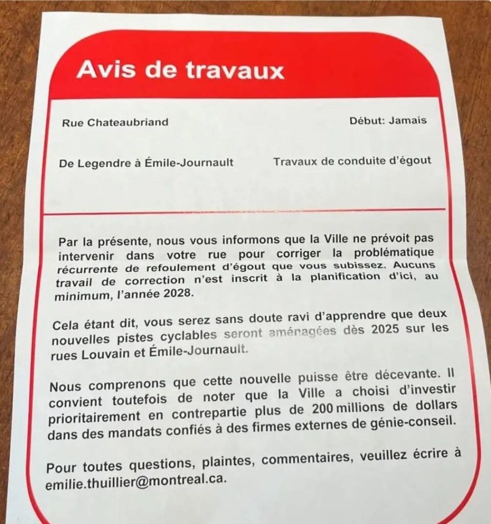 Avis de travaux de la Ville de Montréal indiquant qu’aucune intervention pour corriger les refoulements d’égouts n’est prévue avant 2028, mais annonçant l’aménagement de pistes cyclables en 2025.
