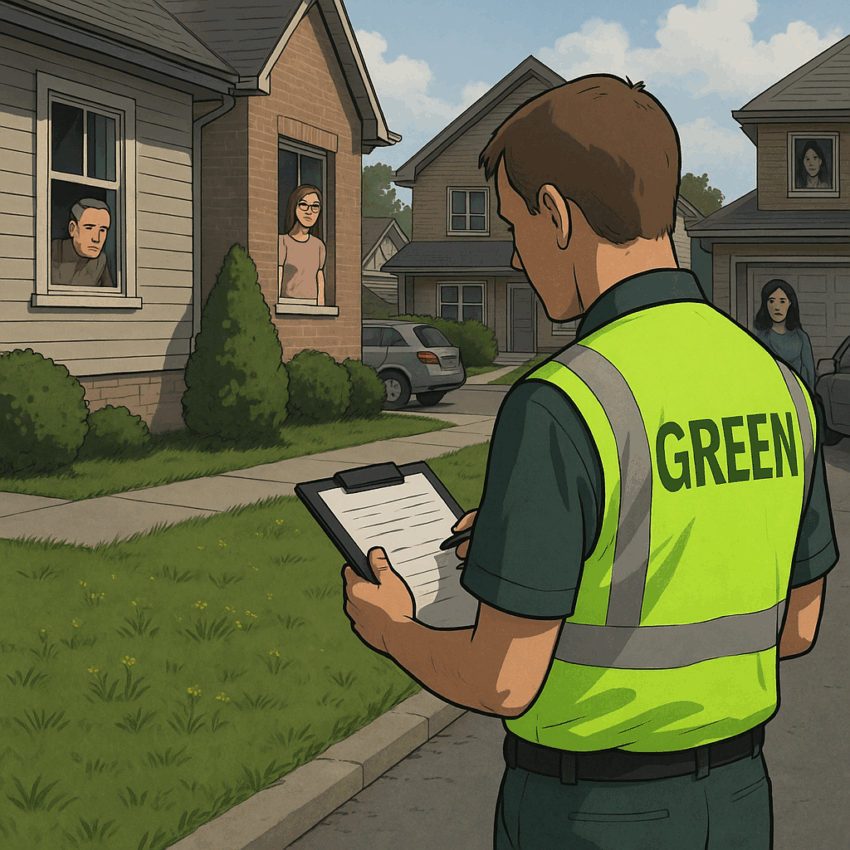 Un agent en gilet vert inspecte une pelouse résidentielle sous l'œil de voisins derrière leurs fenêtres.