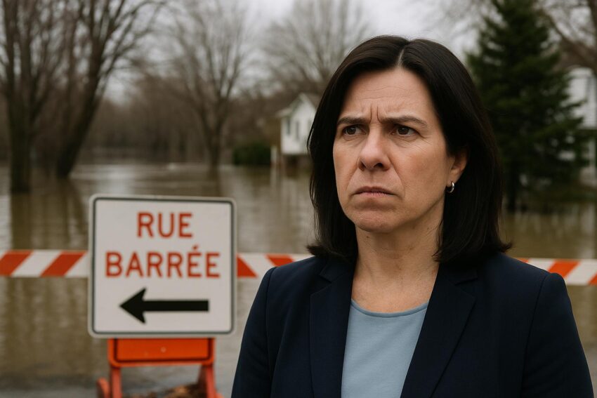 Femme debout devant une rue inondée avec une affiche « RUE BARRÉE » sous un ciel gris