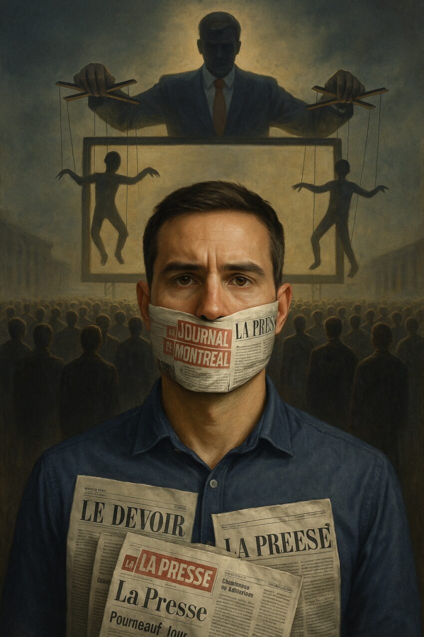 Un homme au regard grave est bâillonné avec des journaux québécois, dont « Le Journal de Montréal », « La Presse » et « Le Devoir ». En arrière-plan, une foule anonyme se tient dans l’ombre d’un écran géant, où une silhouette gouvernementale géante manipule des marionnettes.