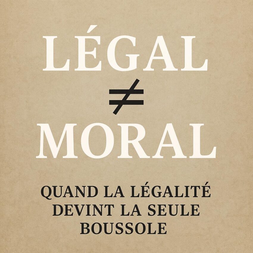 Affiche au fond beige portant la phrase « Légal ≠ Moral » en grosses lettres blanches, avec la mention « Quand la légalité devint la seule boussole » en dessous, en noir.