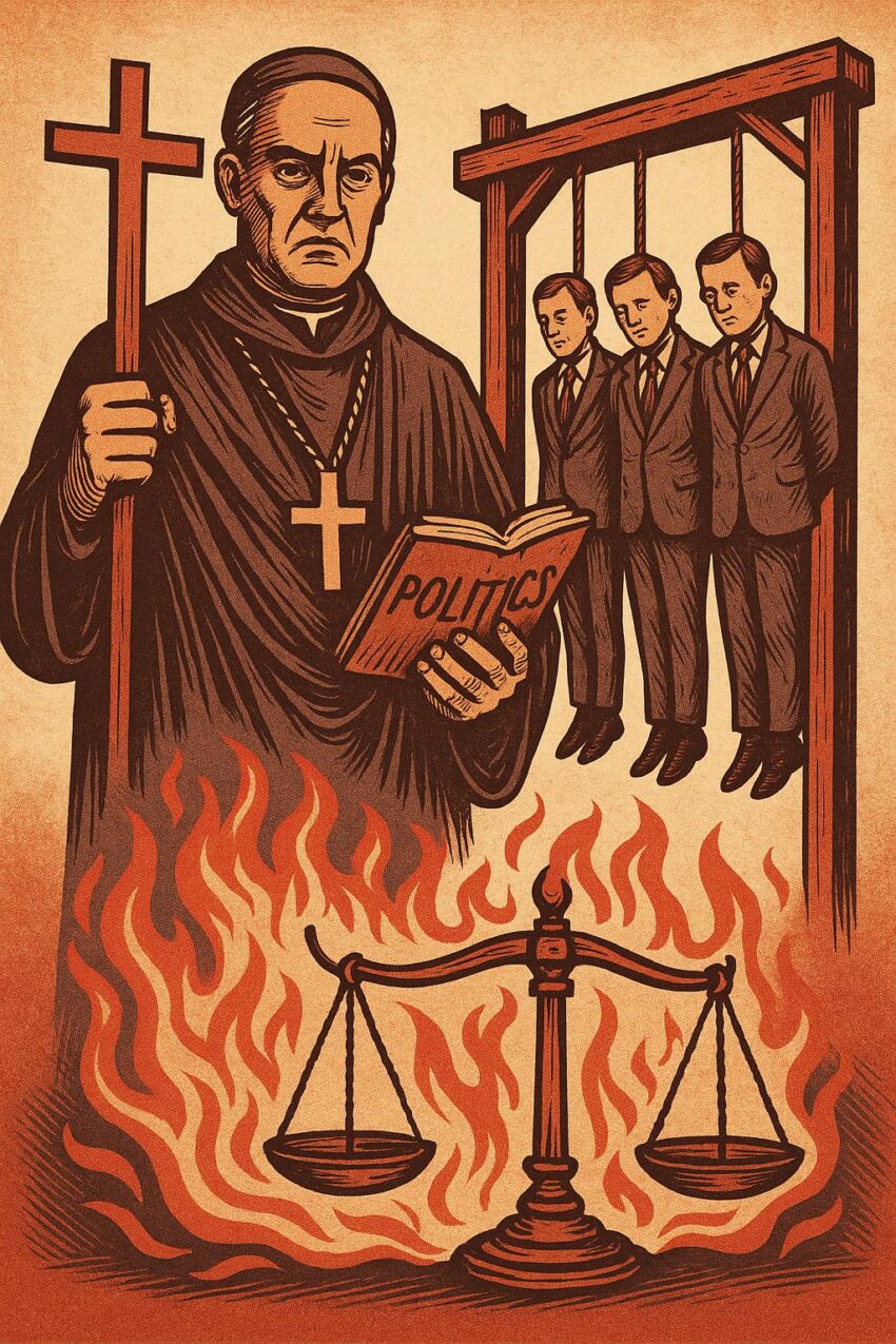 Illustration d’un moine tenant une croix et un livre intitulé "Politics", avec des hommes pendus en arrière-plan et une balance de justice en feu.