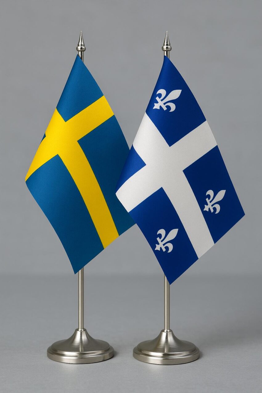 Deux petits drapeaux sur socle métallique : à gauche le drapeau de la Suède, à droite celui du Québec, dressés côte à côte sur fond gris neutre.