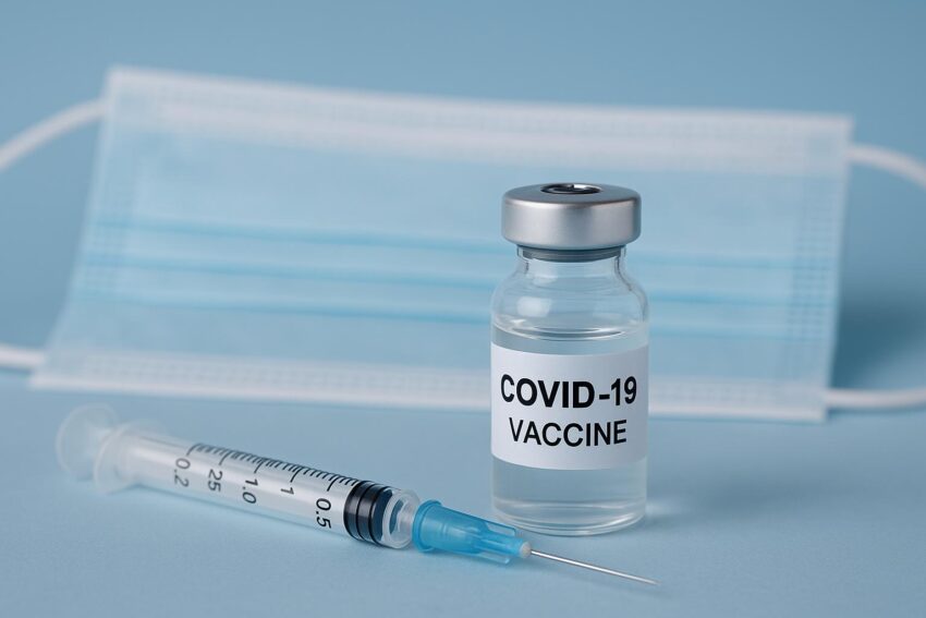 Flacon de vaccin contre la COVID-19, seringue et masque chirurgical déposés sur une surface bleue.