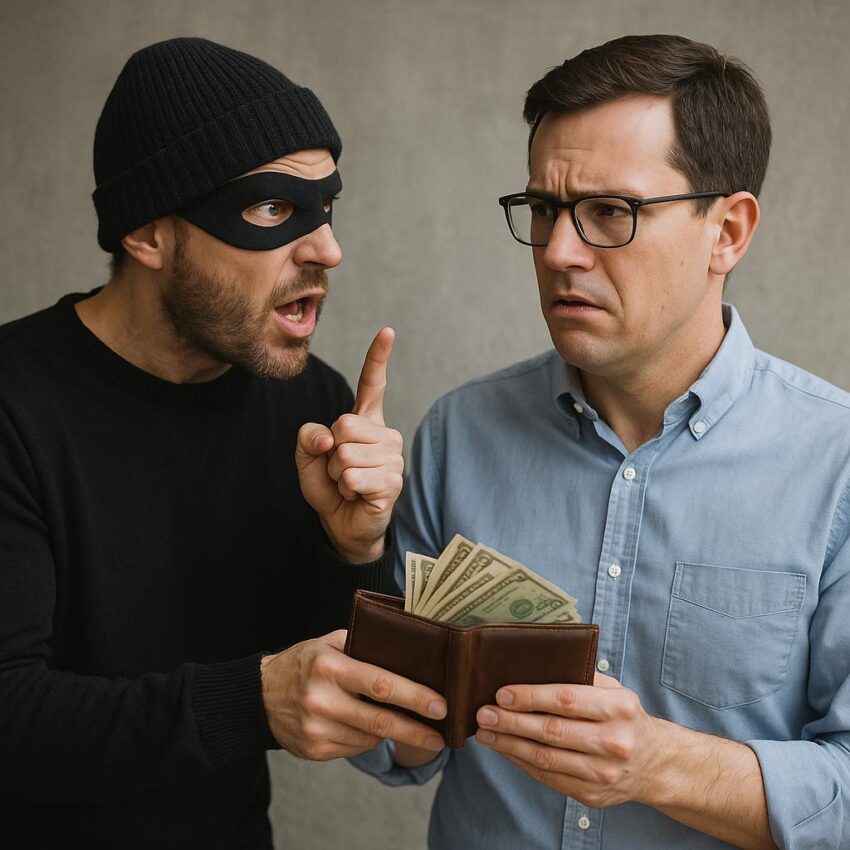 Un voleur masqué en noir sermonne un homme inquiet en lui prenant son portefeuille rempli d’argent.