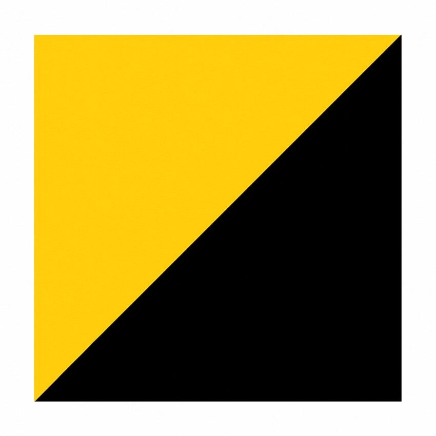 Carré divisé en diagonale, moitié jaune et moitié noire, représentant un symbole de liberté individuelle et de résistance à l’ingérence de l’État.
