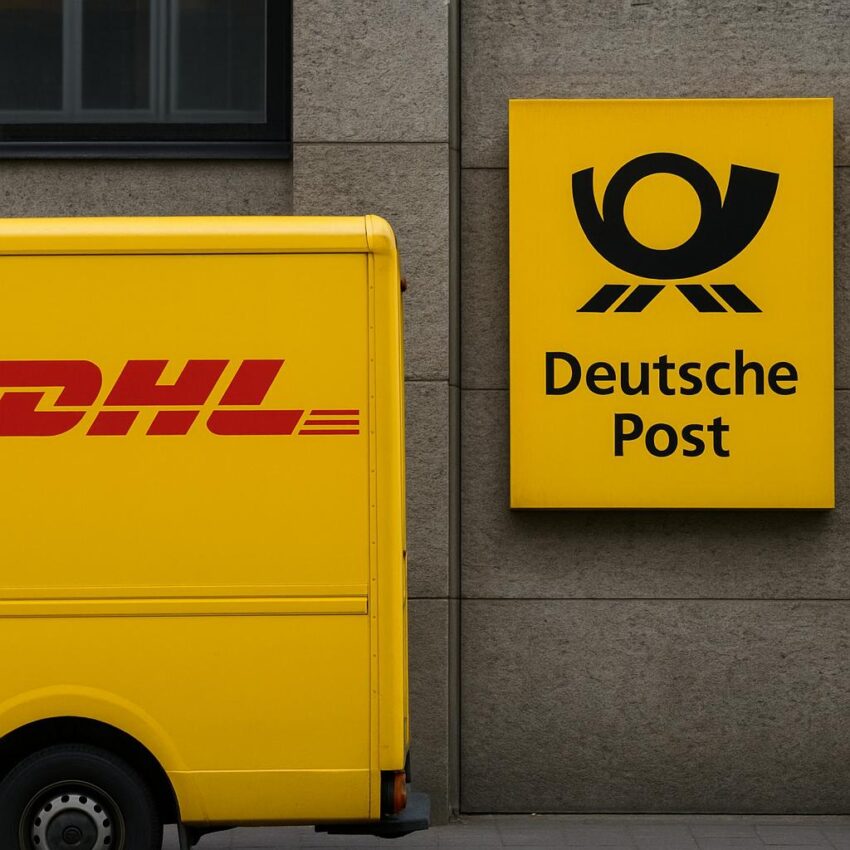 Camion de livraison jaune DHL stationné devant un bâtiment arborant le logo et l’enseigne Deutsche Post.