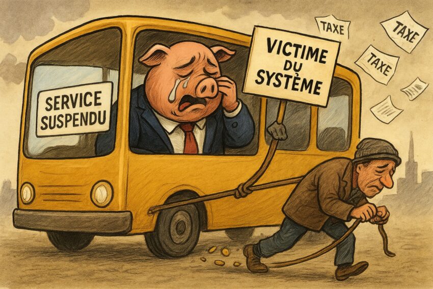 Caricature d’un fonctionnaire syndiqué bien habillé, pleurant faussement tandis qu’un citoyen épuisé tire un autobus délabré à bout de bras, symbolisant l’injustice sociale et le fardeau des usagers du transport public.