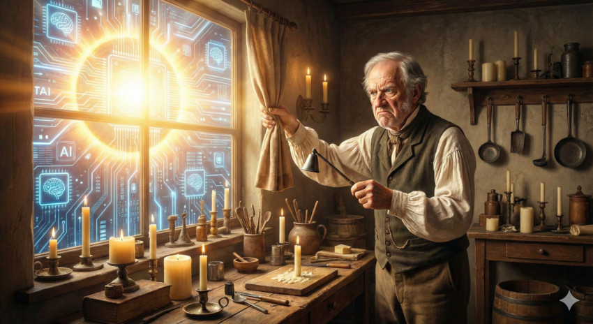 Illustration d'un fabricant de chandelles grincheux du 19e siècle fermant un rideau pour bloquer une lumière intense composée de circuits électroniques et de symboles d'IA entrant par une fenêtre.