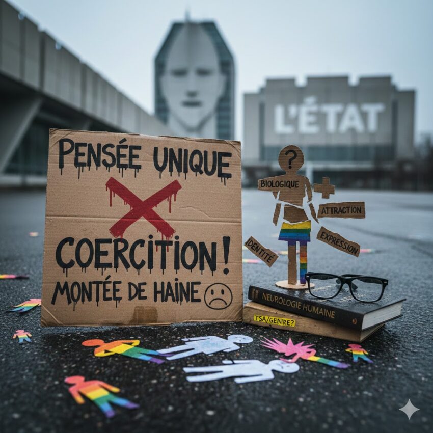 Une pancarte en carton devant le Stade olympique de Montréal avec le texte « Pensée unique, Coercition, Montée de haine ». À côté, une figurine en bois illustrant les quatre sphères (Biologique, Identité, Attraction, Expression) repose sur des livres traitant de neurologie et du lien TSA/Genre.