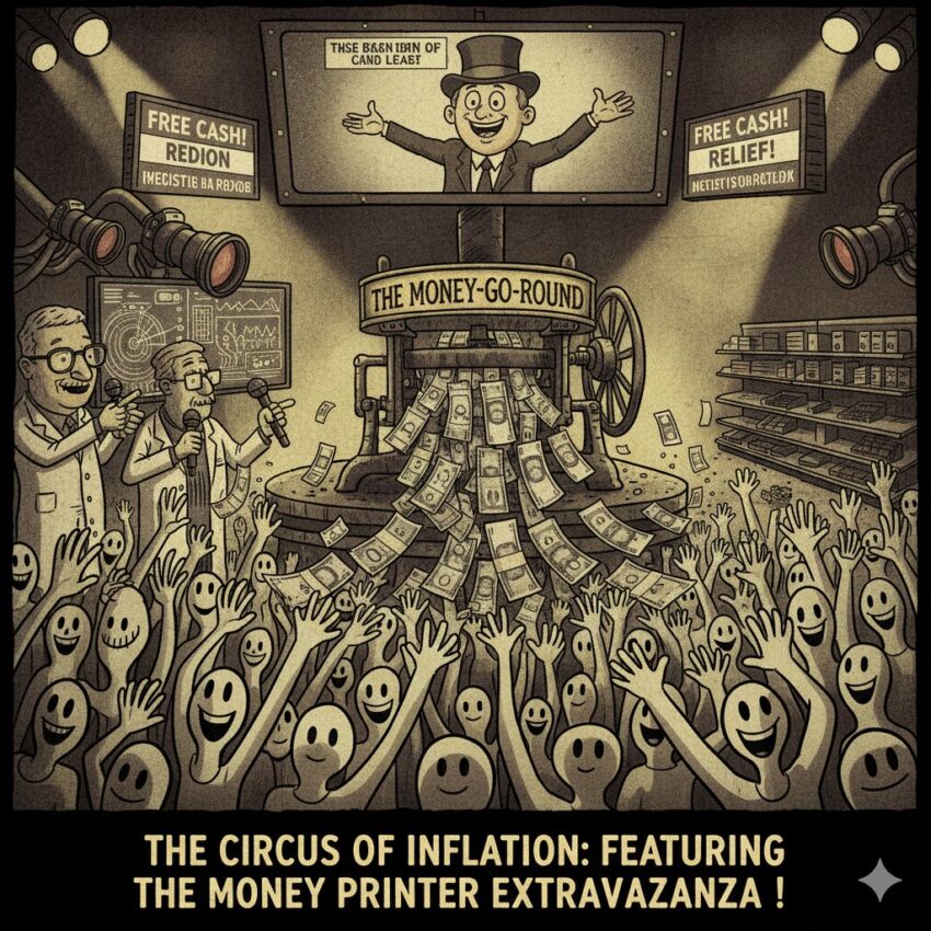 Une illustration satirique de style caricature montrant une machine à imprimer de l'argent intitulée « The Money-Go-Round » qui déverse des billets sur une foule aux visages simplistes et souriants, sous le regard de politiciens et d'experts médiatiques.