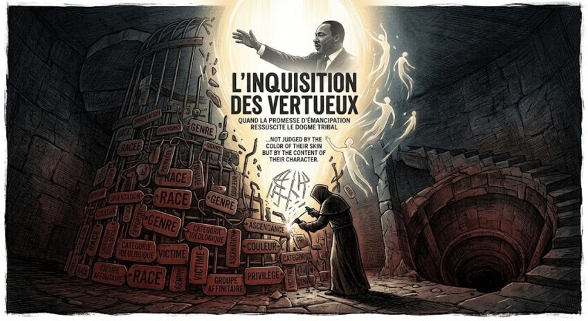 Une image conceptuelle d'édition montrant une structure de cage oppressive faite d'étiquettes sociales métalliques rouillées (Race, Genre, Victime), s'enfonçant dans une obscurité rouge, tandis qu'une lumière dorée contenant la silhouette de Martin Luther King Jr. et des figures libérées sans étiquettes brise la structure par le haut. Le titre "L'INQUISITION DES VERTUEUX" est visible.